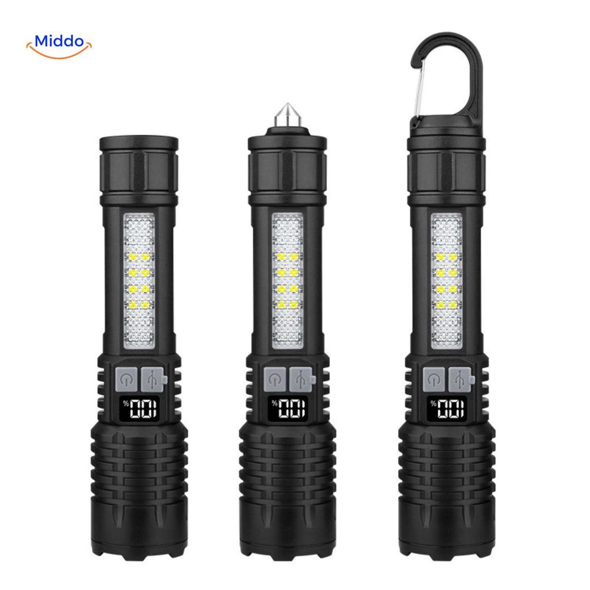 lampe torche led multifonction avec marteau brise-vitre d'urgence et crochet de suspension