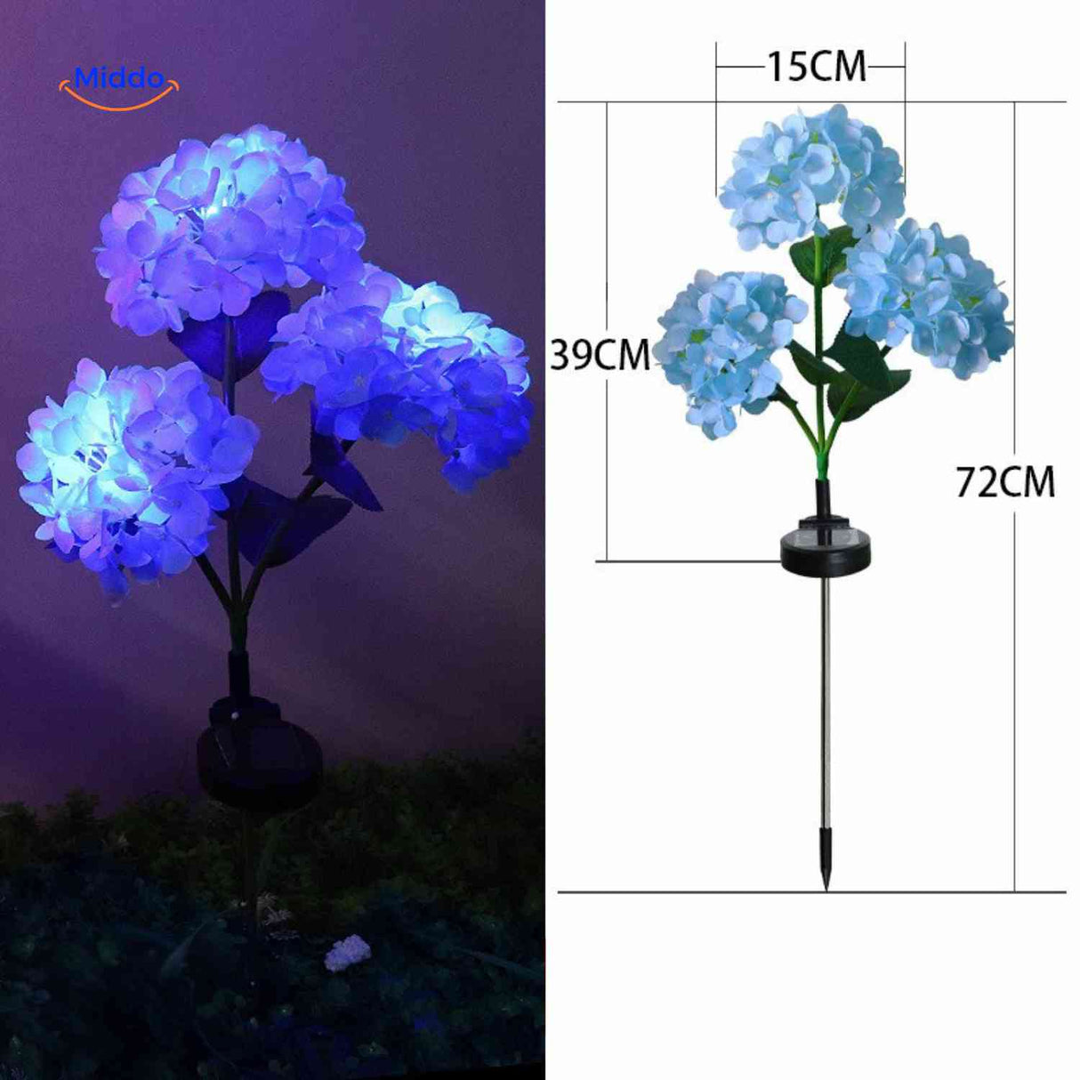 lanterne solaire hortensia bleue avec dimensions indiquées hauteur 72 cm