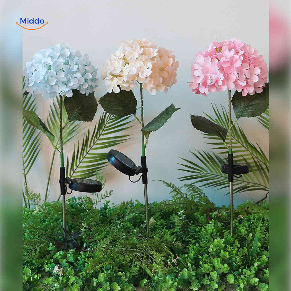 mix de lanternes solaires hortensia en plusieurs coloris pour décoration de jardin