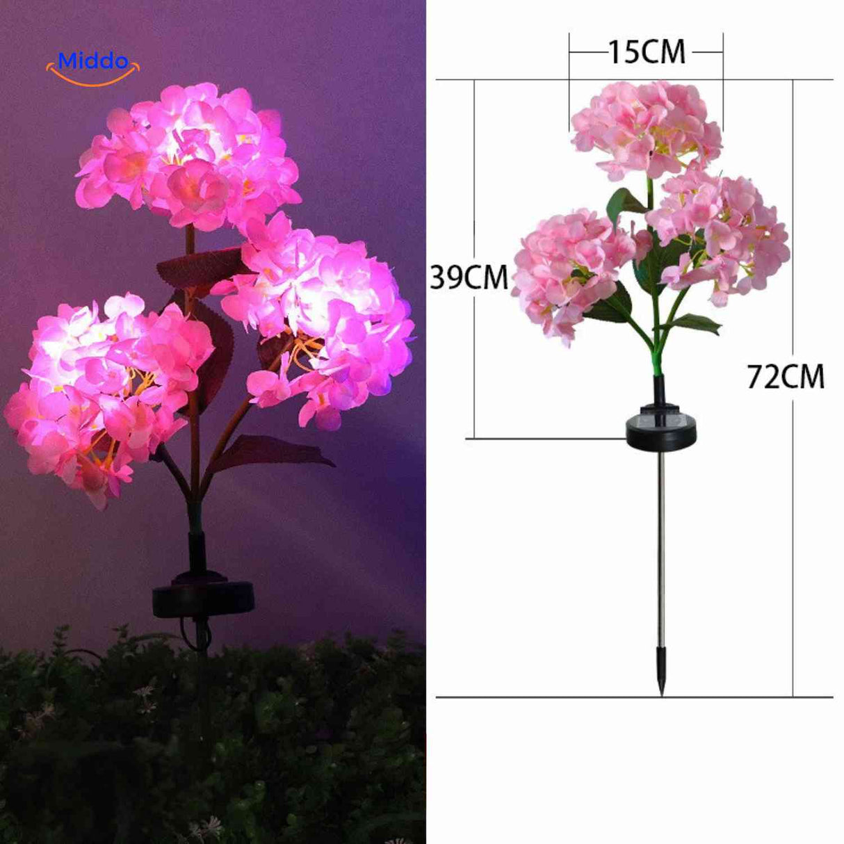 lanterne solaire hortensia rose avec dimensions indiquées hauteur 72 cm