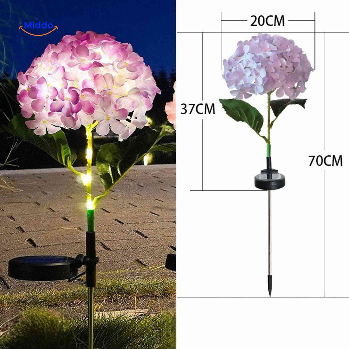 lanterne solaire hortensia violet avec dimensions indiquées hauteur 70 cm