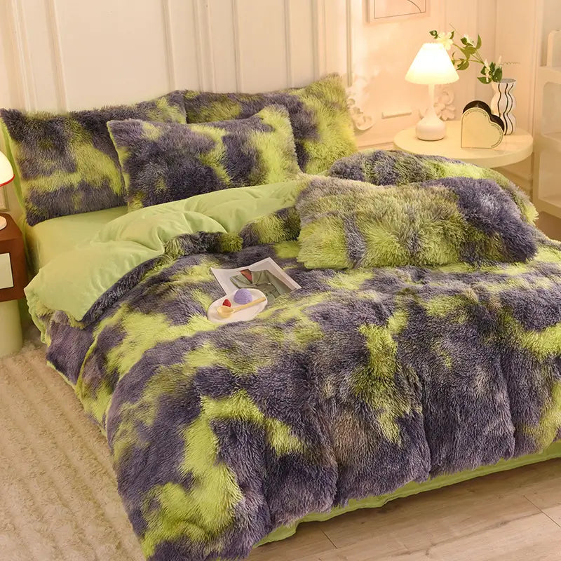 Parure de lit Teddy Fluffy en polaire, Tie-dye vert citron et violet