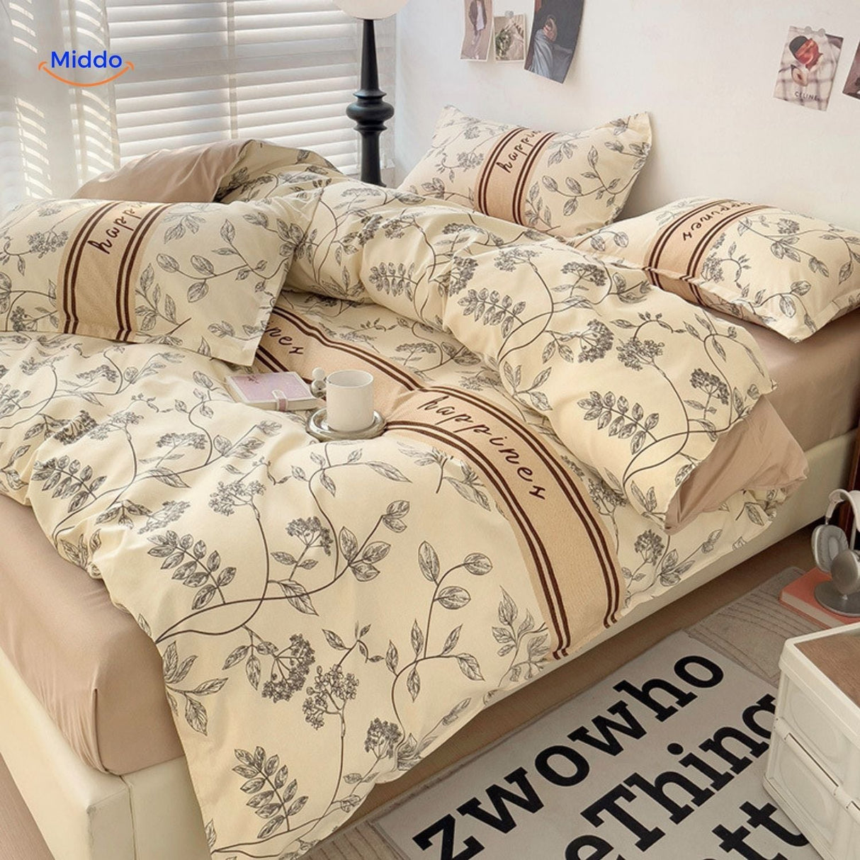 linge de lit bébé set 4 pièces motif floral naturel, coton doux pour sommeil de qualité
