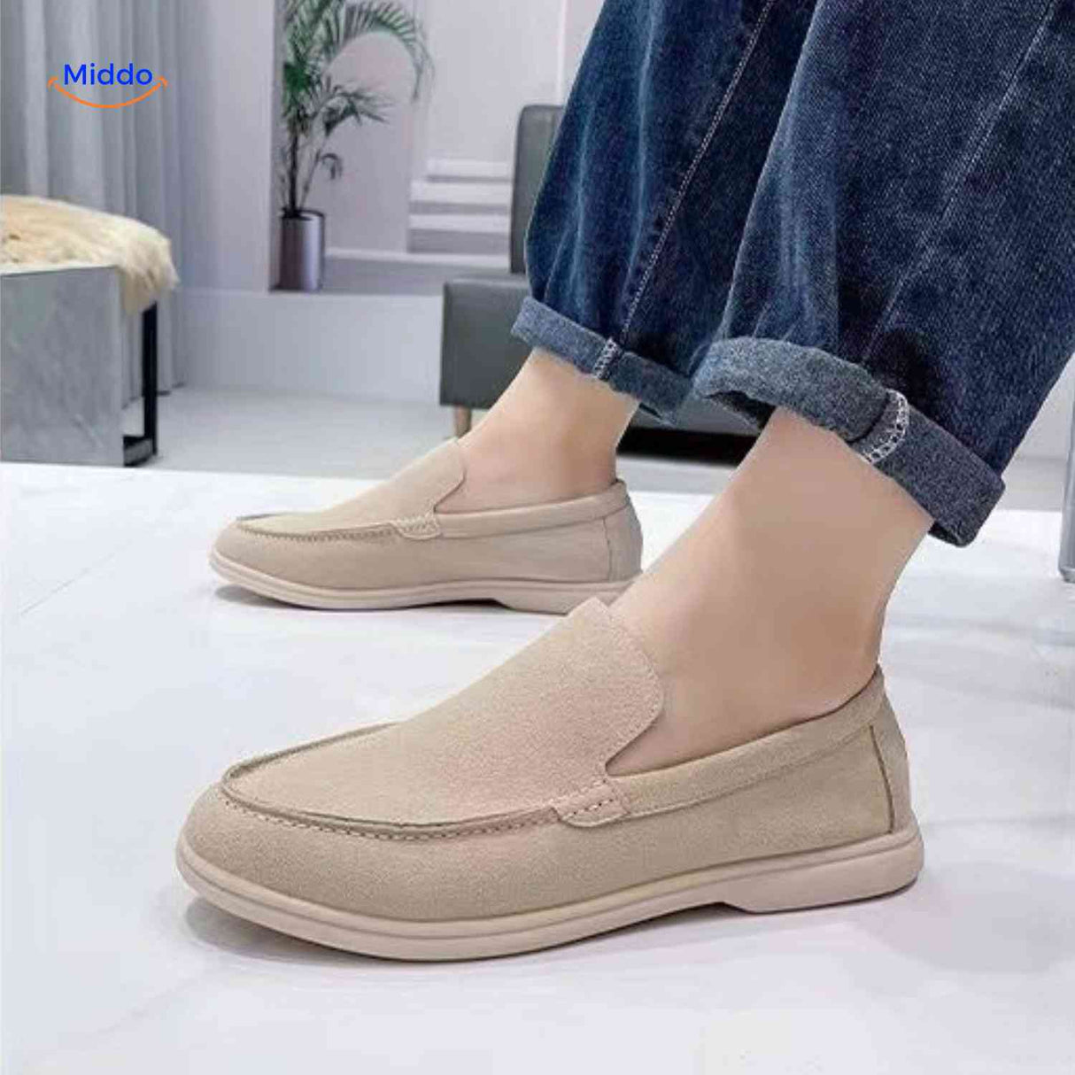 loafers beige clair en suède, chaussures homme à enfiler avec confort optimal