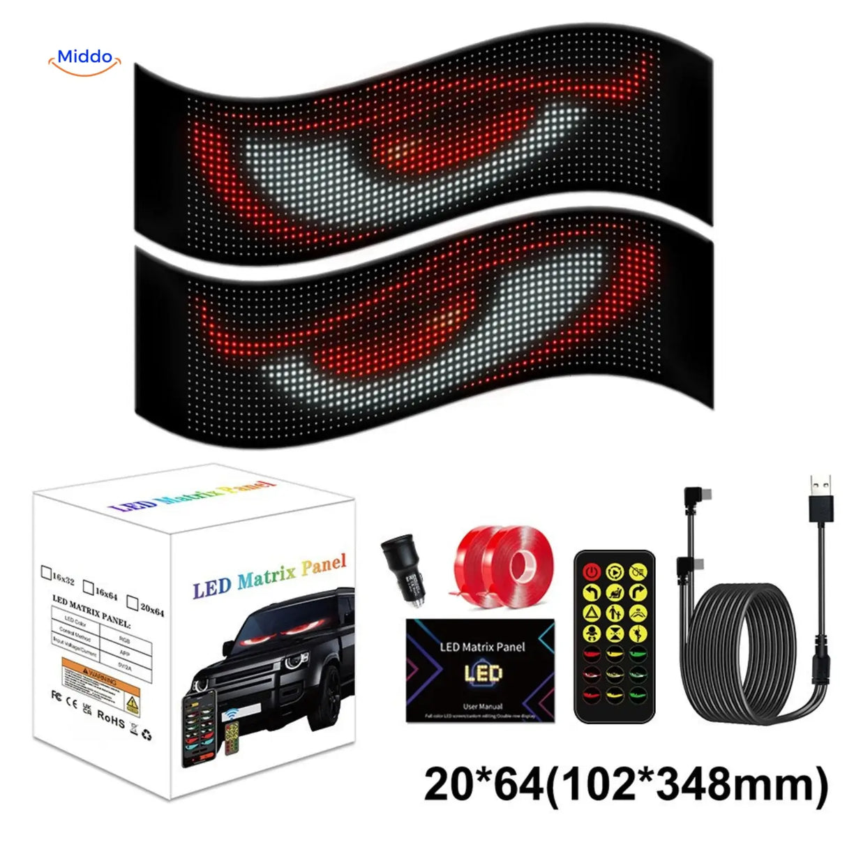 lot de 2 panneaux LED matrix 20x64 pixels, 102x348 mm chacun, pour installation en paire