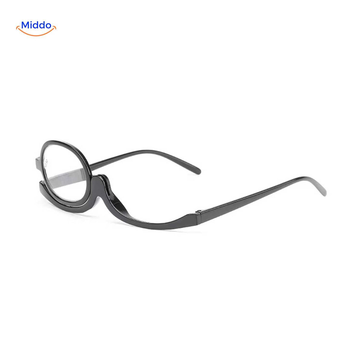 lunettes maquillage pivotantes noir brillant, vue de face sur fond épuré