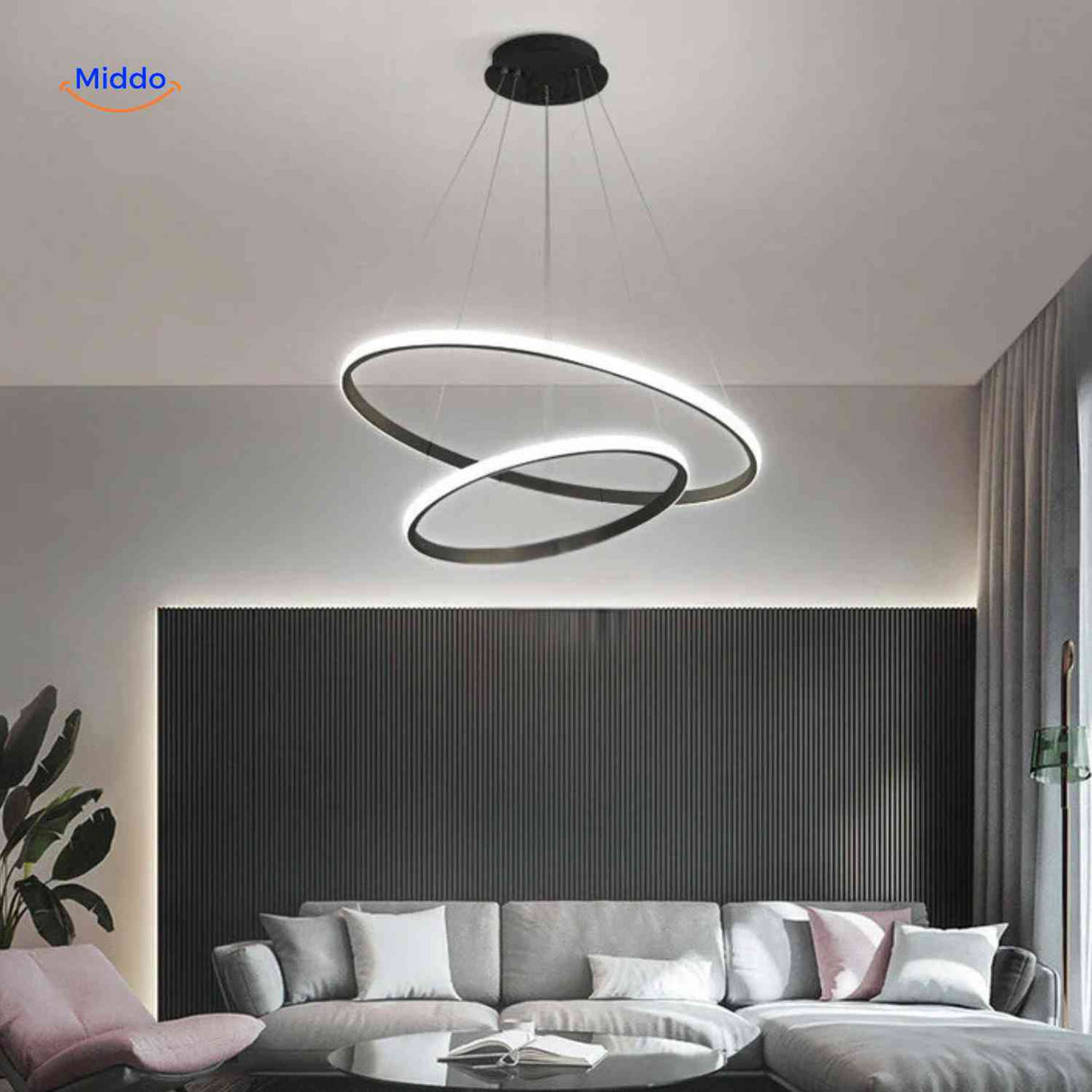 lustre anneau led noir deux anneaux suspendu dans un salon moderne