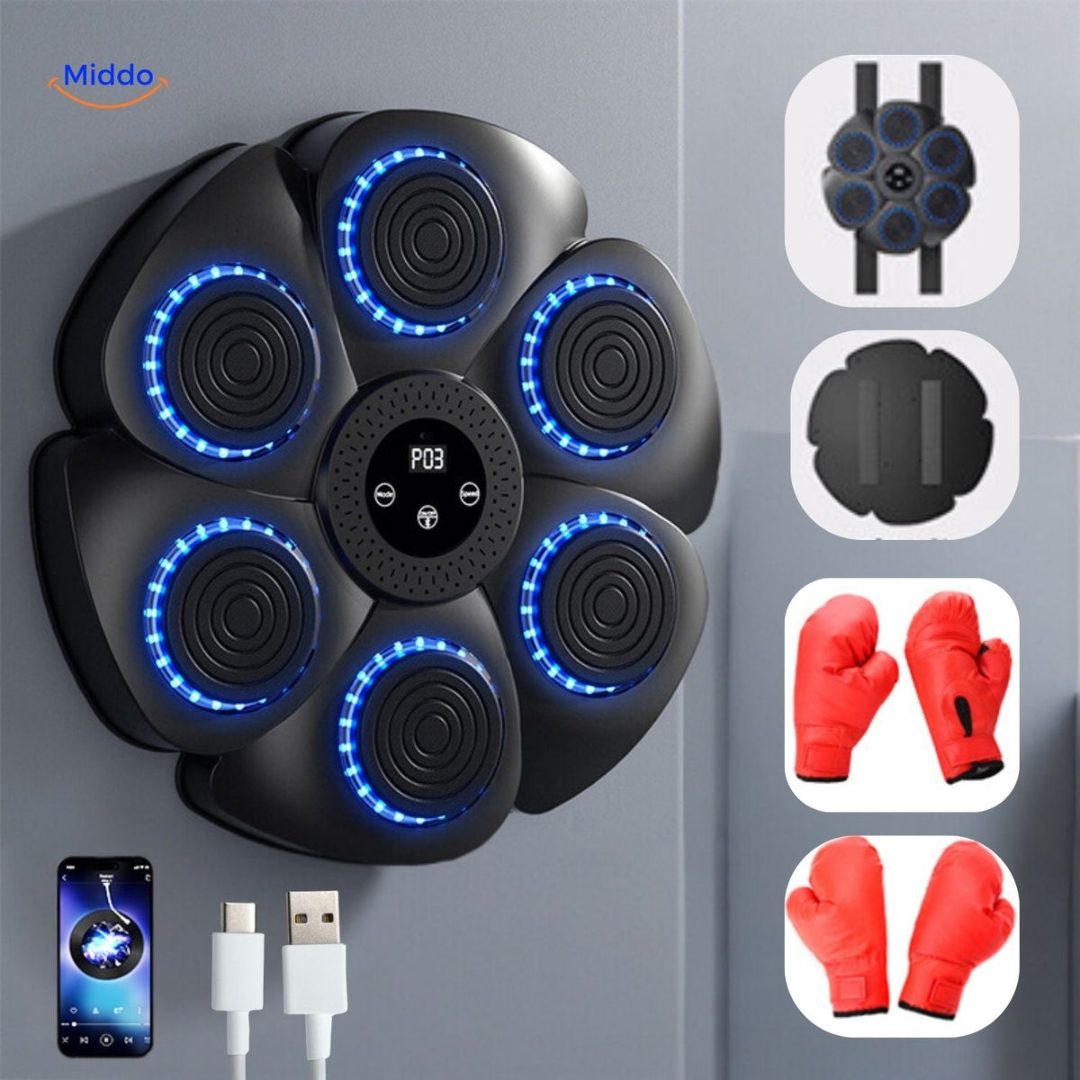 machine de boxe smart noire avec gants rouges et capteurs de détection intégrés