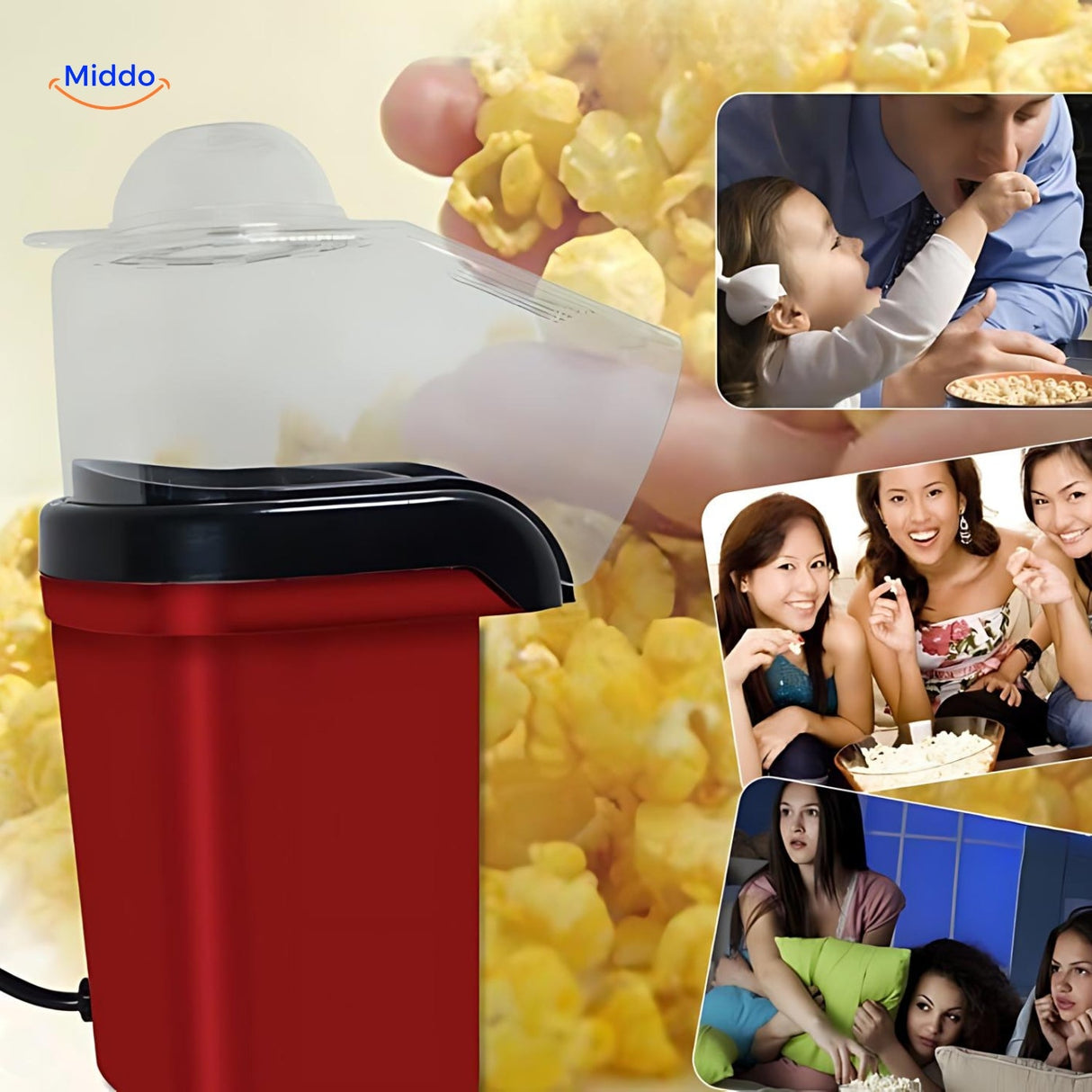 machine à popcorn mini utilisée en famille, personnes joyeuses appréciant du popcorn