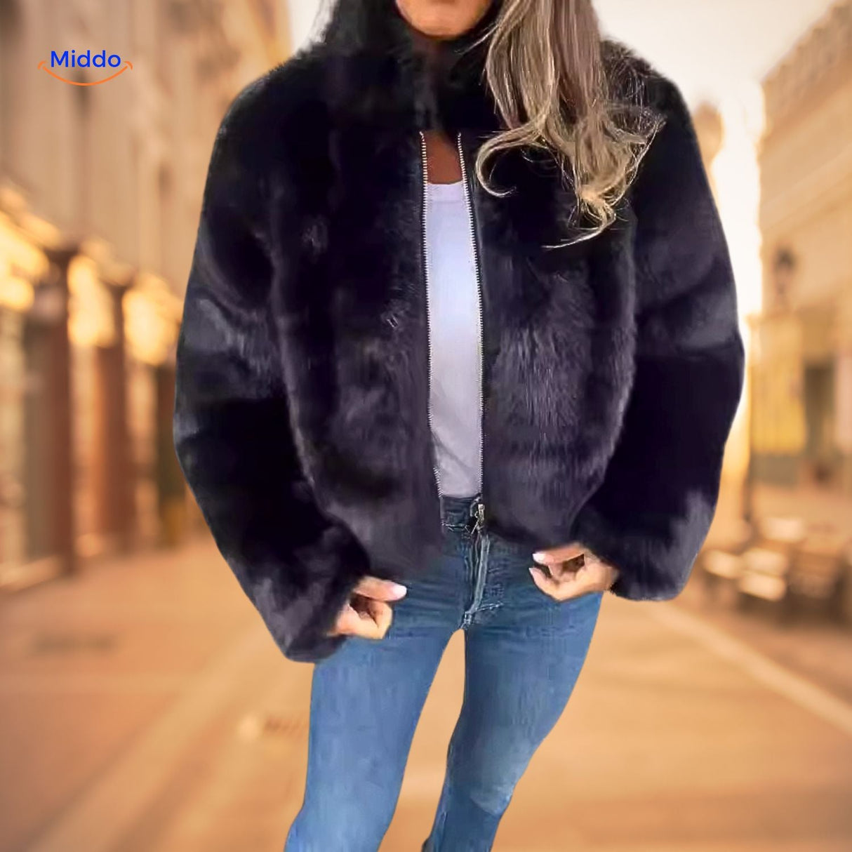 manteau fausse fourrure noir pour femme porté avec un top blanc et un jean