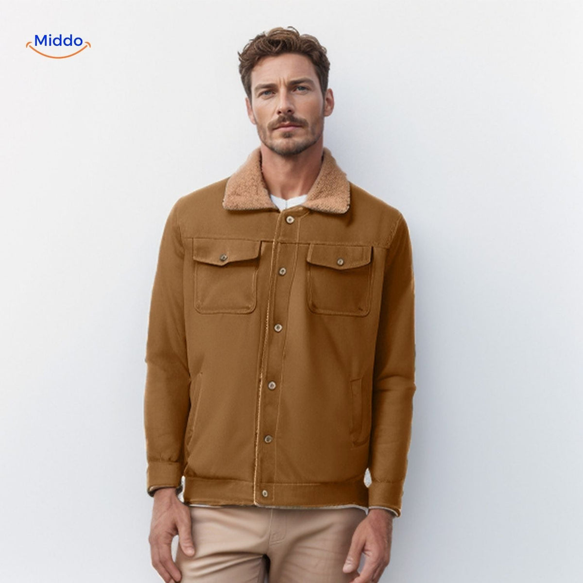 manteau homme hiver WinterFlex coloris camel avec col marron, coupe décontractée
