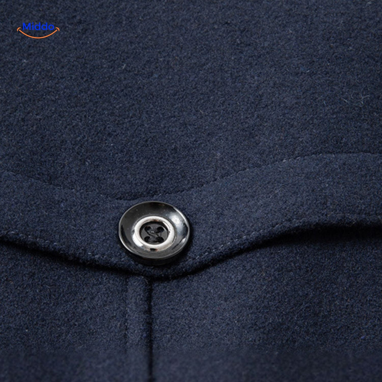 manteau en laine bleu marine, gros plan sur les boutons élégants