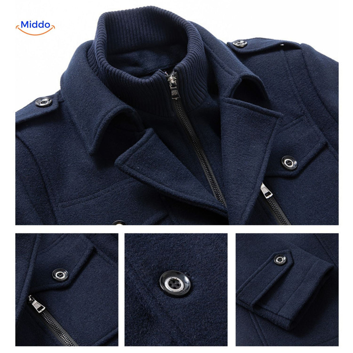 manteau en laine bleu marine, vue des finitions et détails de coupe