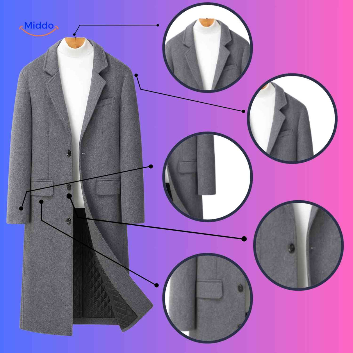 gros plan sur les détails du manteau laine gris : boutons, coutures et tissu de qualité