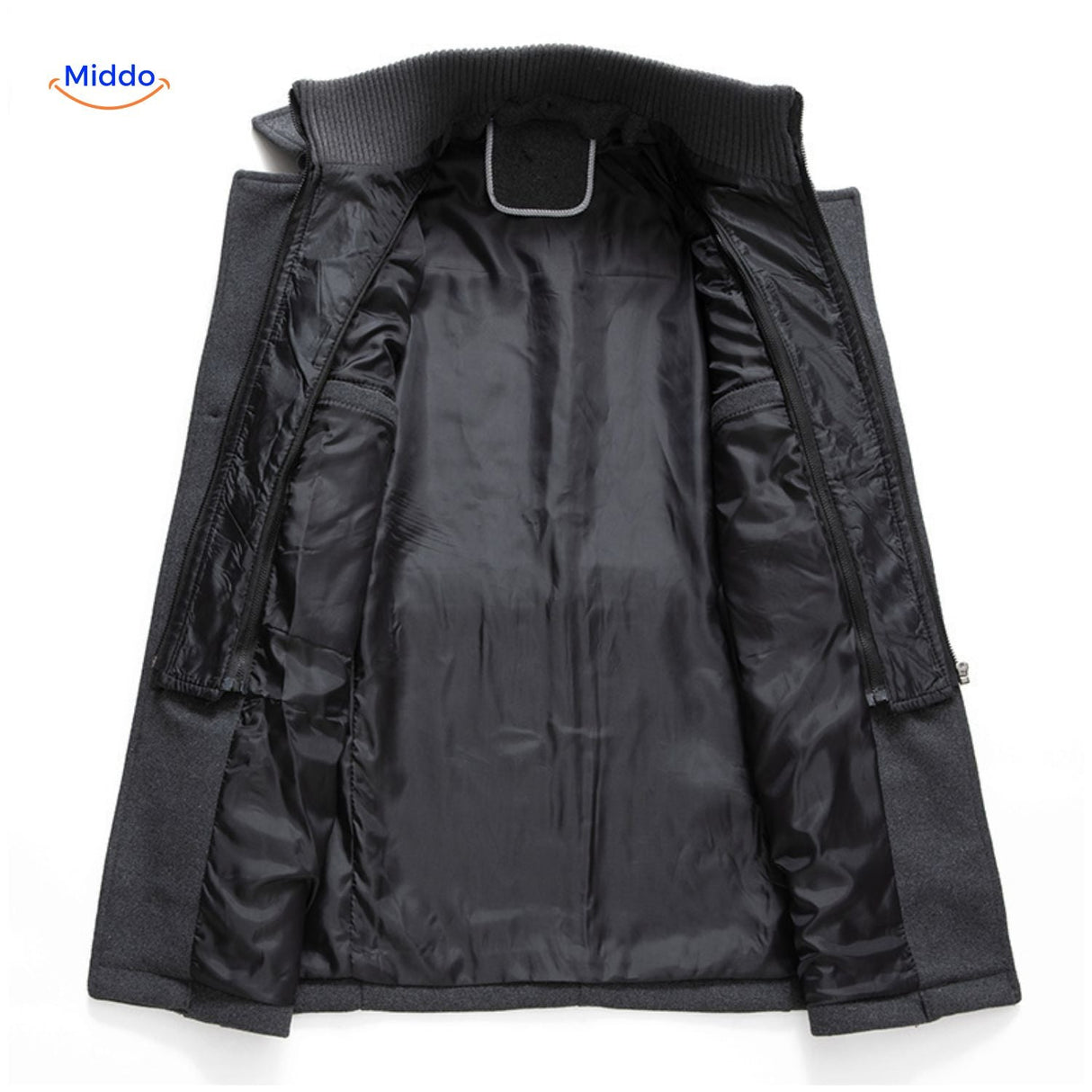 manteau en laine gris, vue de l'intérieur avec la doublure