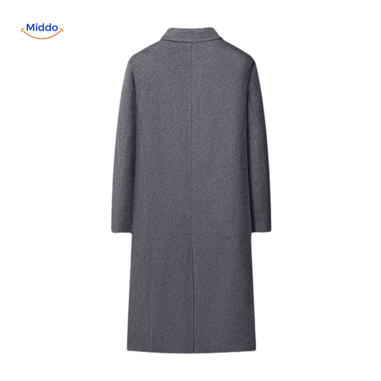 manteau laine gris long vu de dos, coupe longue avec tombé naturel du tissu en laine