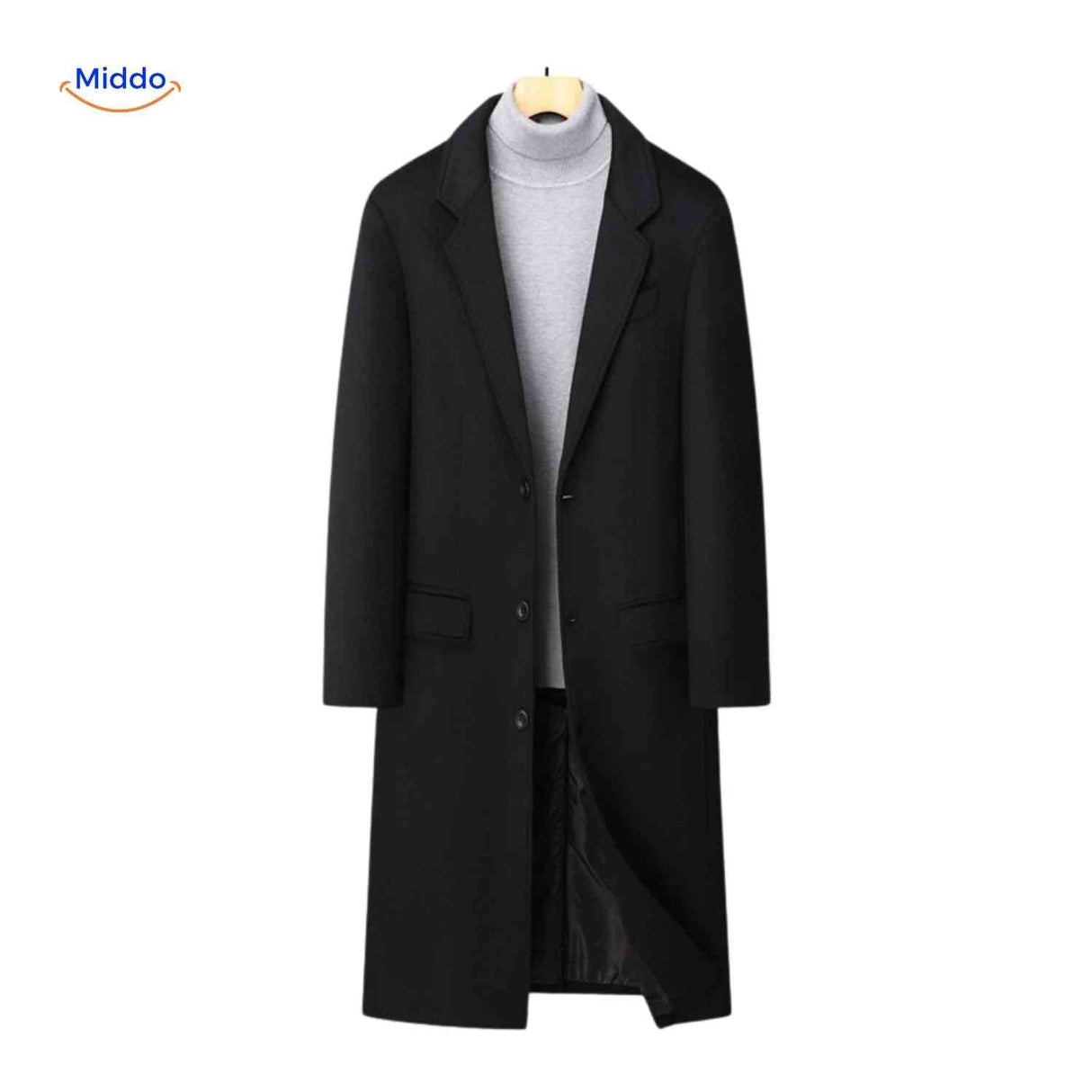 manteau laine noir long porté avec un col roulé, silhouette masculine chic et moderne