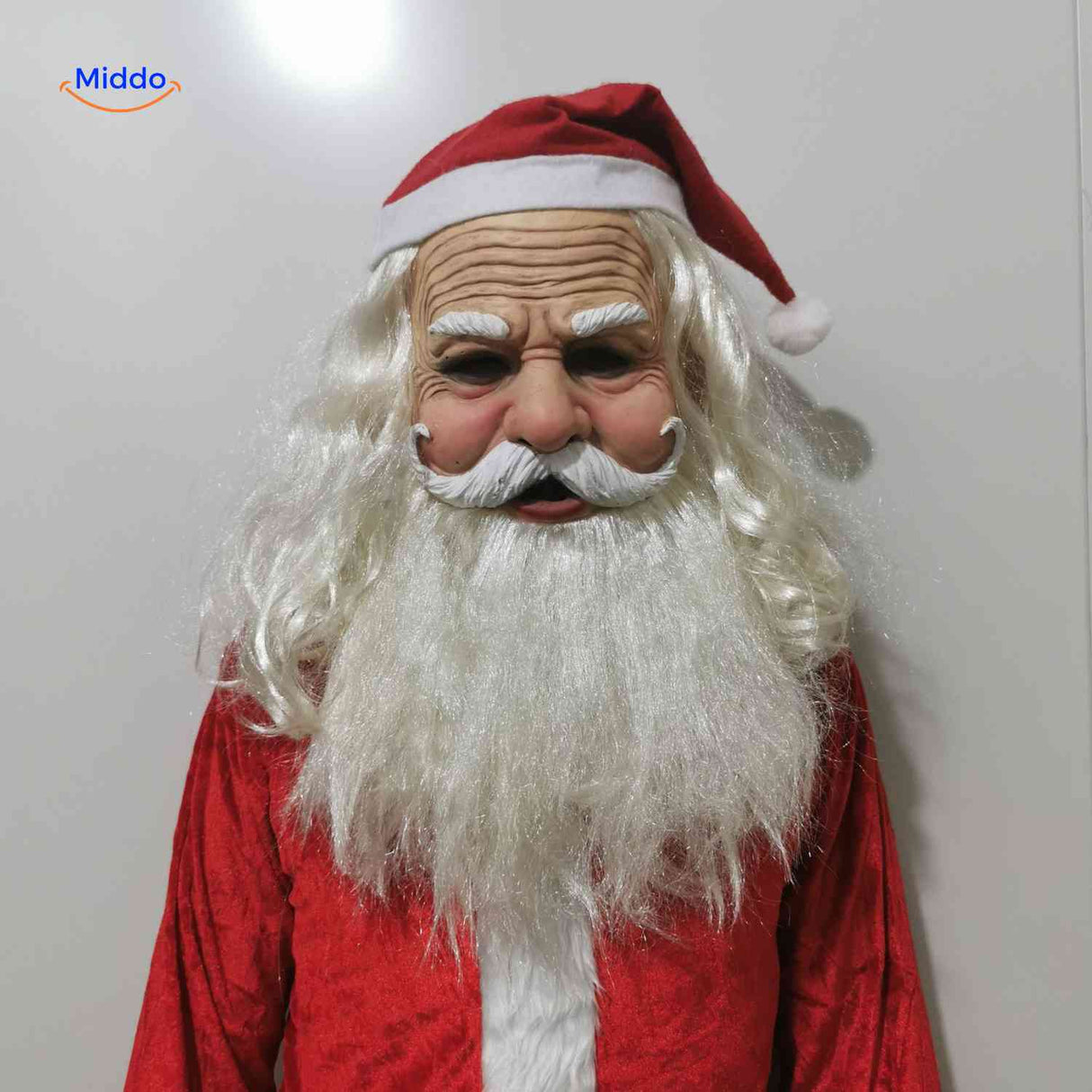 masque latex père noël avec barbe blanche réaliste, déguisement fêtes original