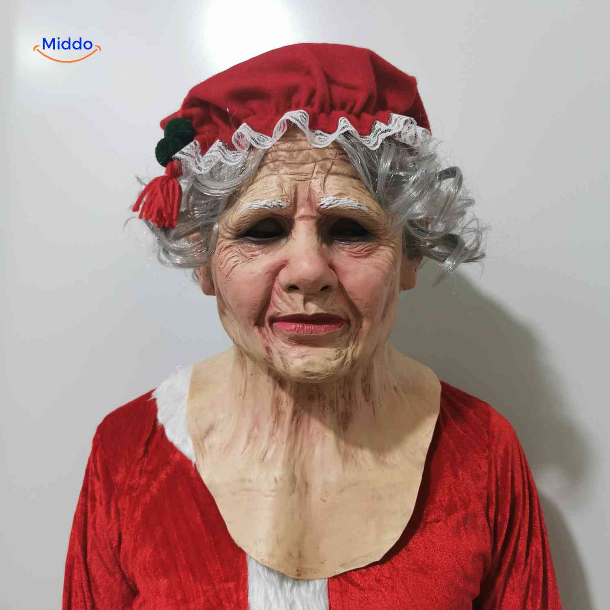 masque latex vieille femme style noël avec bonnet, déguisement fêtes original et réaliste