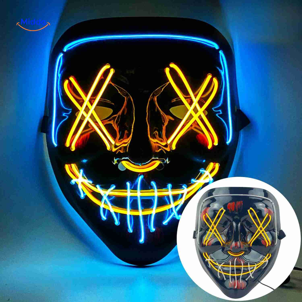 masque LED halloween jaune et bleu, association de couleurs lumineuses et festives
