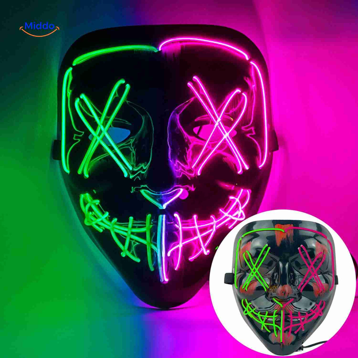 masque LED halloween tricolore vert, violet et rose, couleurs vives et festives