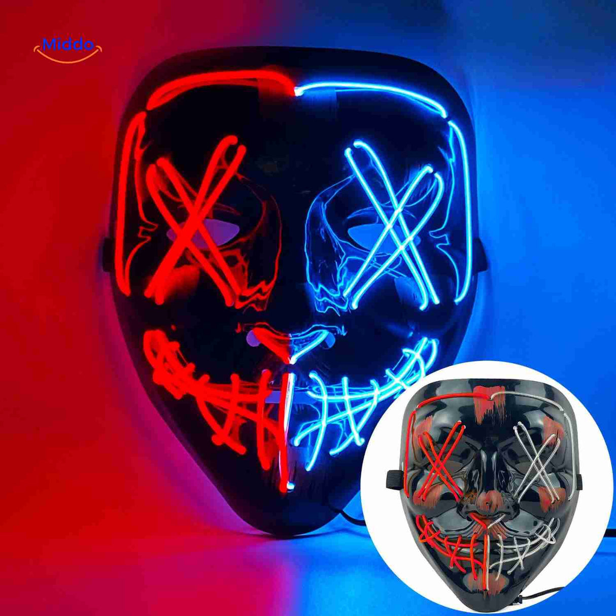 masque LED d'horreur rouge et bleu porté en situation lors d'une fête déguisée