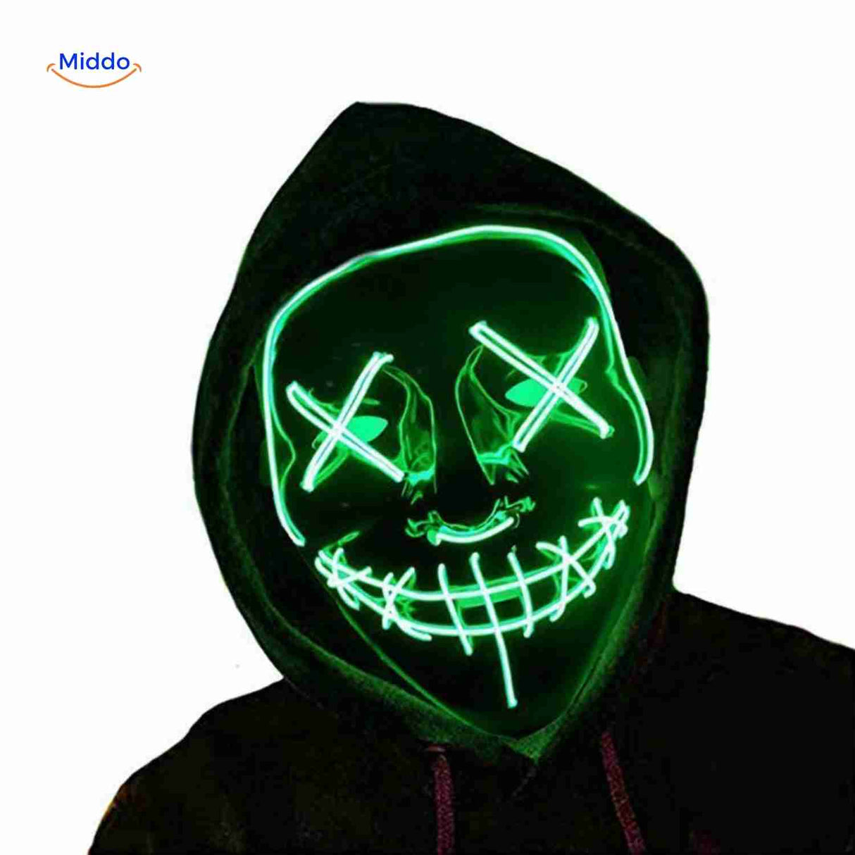 masque LED vert porté par un modèle, vue frontale du rendu lumineux en situation