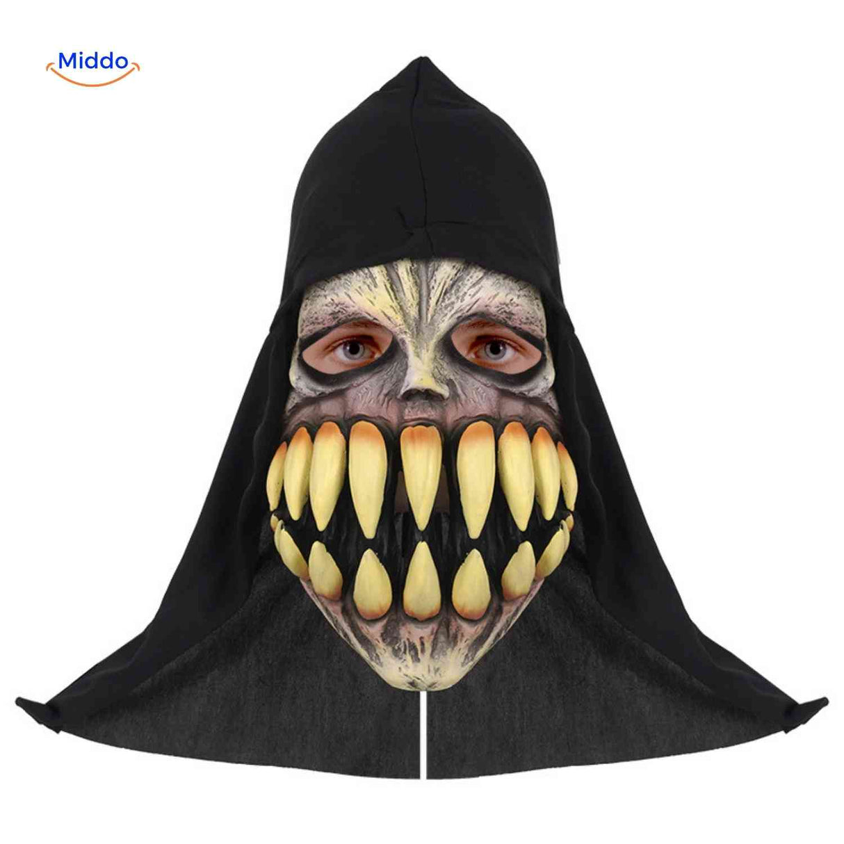 masque monstre halloween vue rapprochée sur les grandes dents d'horreur