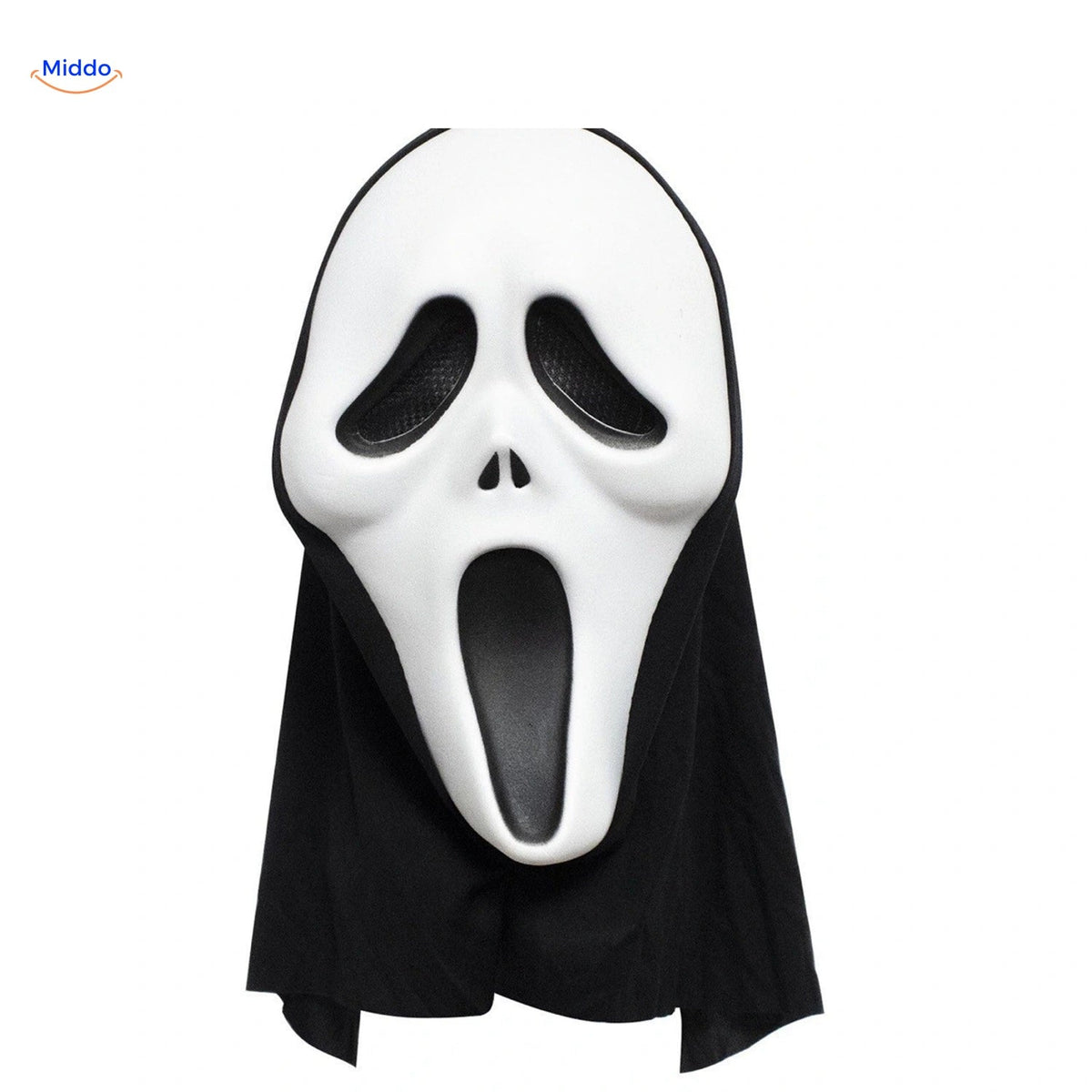 Masque Skullora blanc en EVA avec voile noir sur fond blanc.