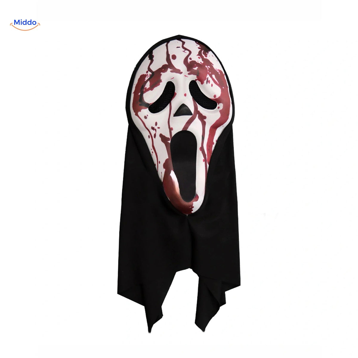 Masque Skullora en EVA avec éclaboussures rouge foncé sur fond blanc.