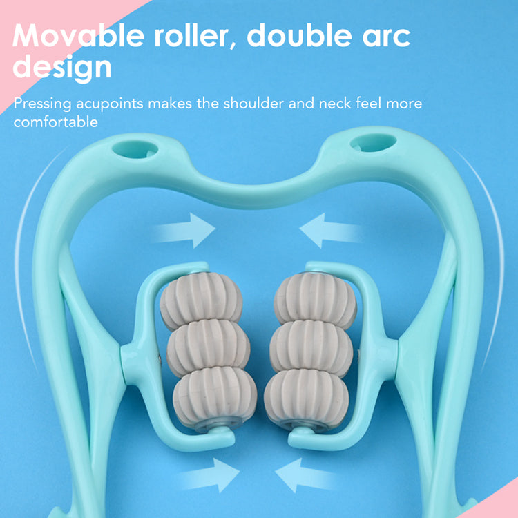 masseur cervical 6 roues bleu ciel avec flèches indiquant le sens de rotation des roues