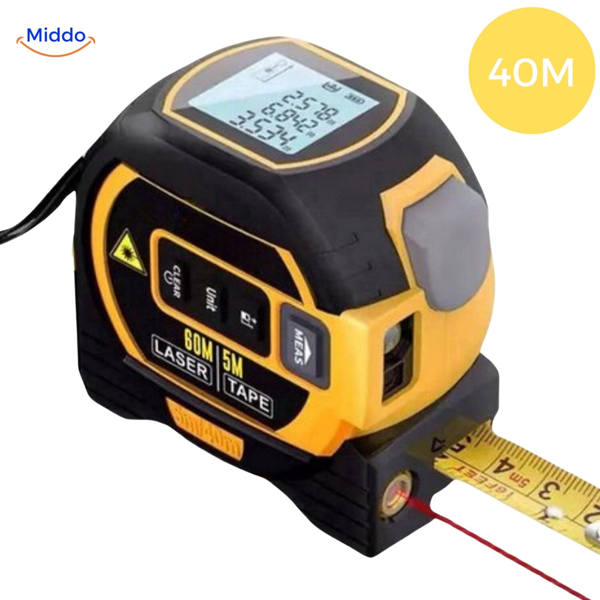 mètre laser numérique 3-en-1 coloris jaune, portée 40 m, compact et maniable