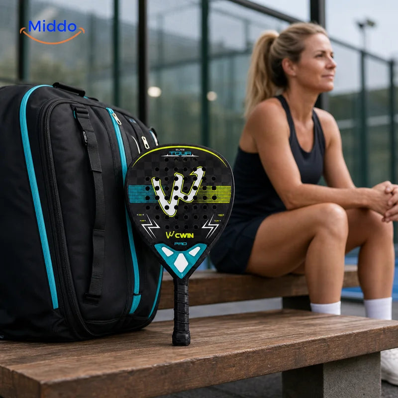 ApexTour raquette de padel: raquette et sac de sport près d’une joueuse assise sur un banc.