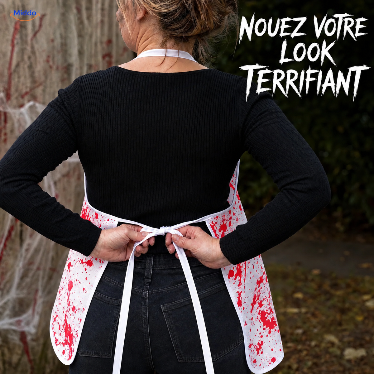 BloodstainFX tablier de costume d’Halloween: détail des liens noués dans le dos.