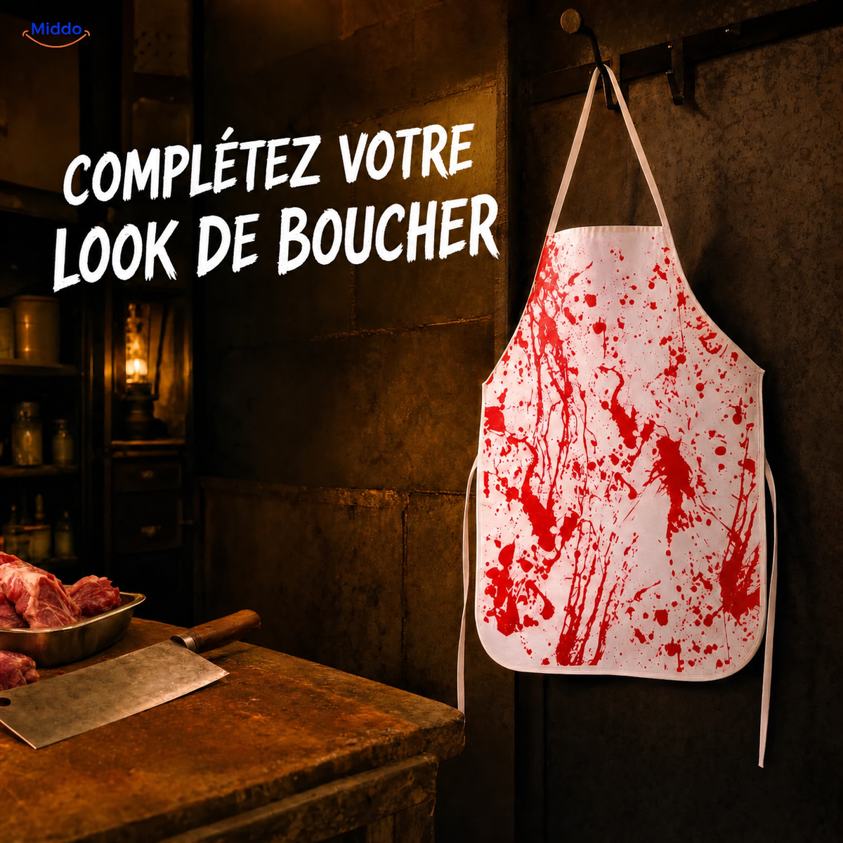 BloodstainFX tablier de costume d’Halloween: tablier suspendu à un crochet dans un décor d’Halloween.