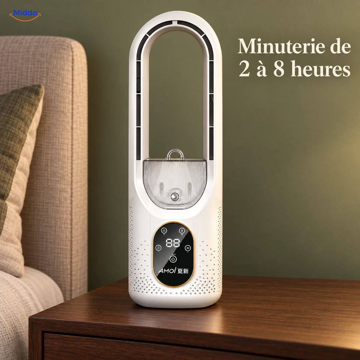BreezeLite ventilateur USB de bureau: modèle blanc sur une table de chevet avec présentation du minuteur.
