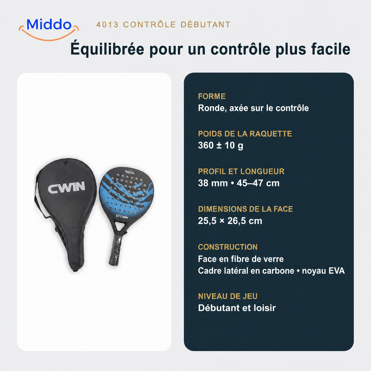 CourtControl raquette de padel: caractéristiques et dimensions de la raquette ronde.