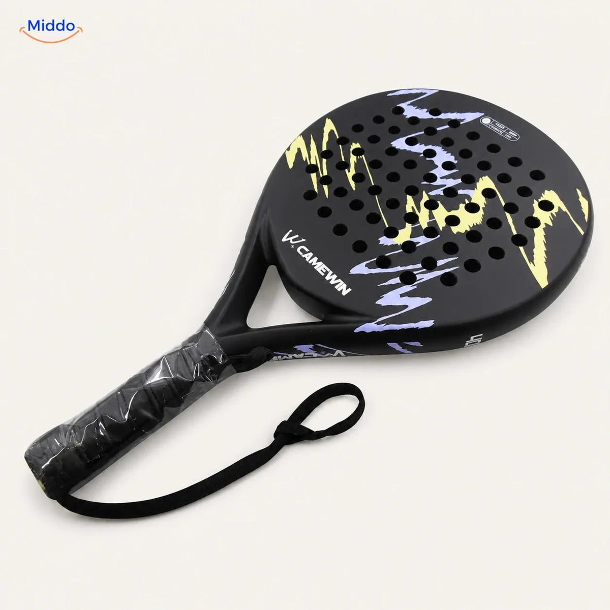 CourtMatch raquette de padel: modèle noir aux accents jaunes et violets.