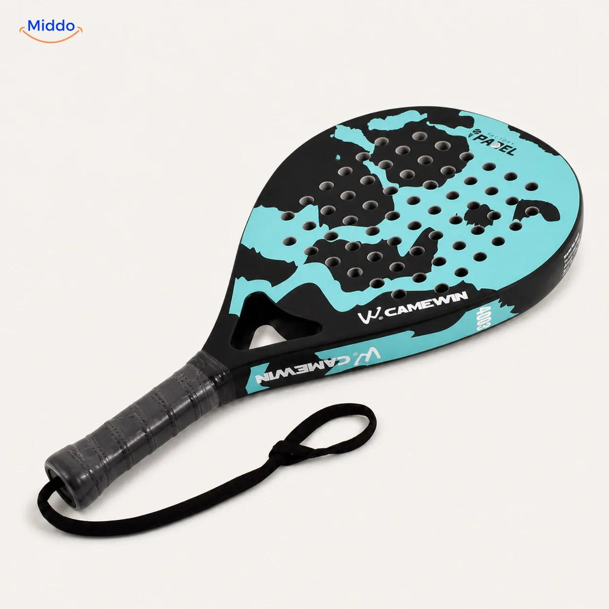 CourtMatch raquette de padel: modèle turquoise en forme de goutte avec dragonne.