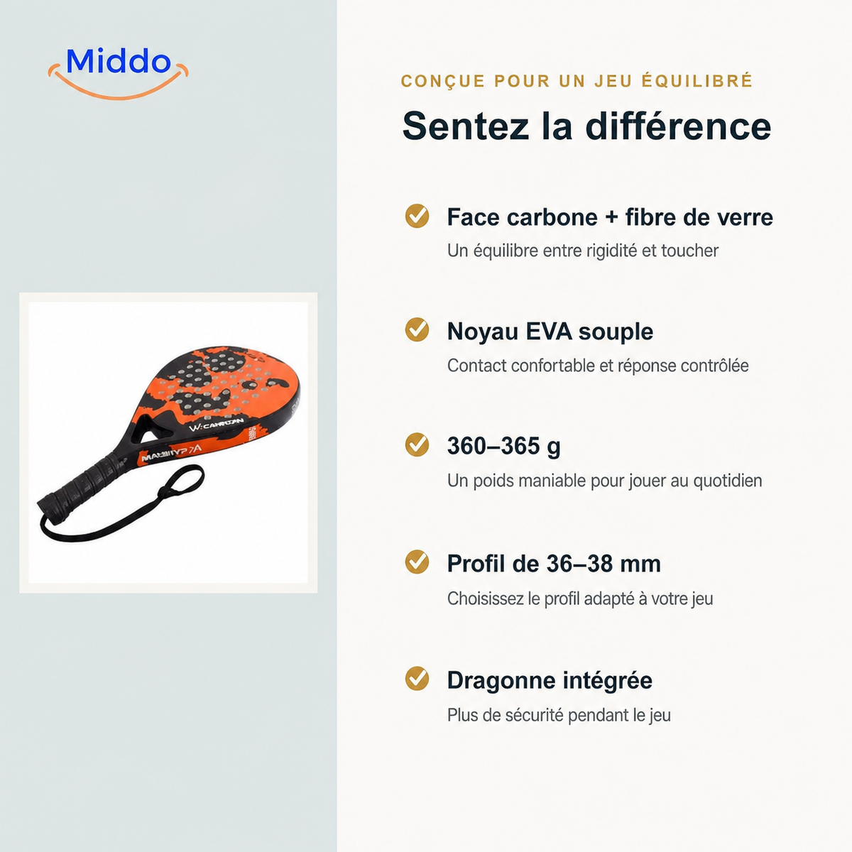 CourtMatch raquette de padel: présentation de la surface de frappe, du noyau et des dimensions.