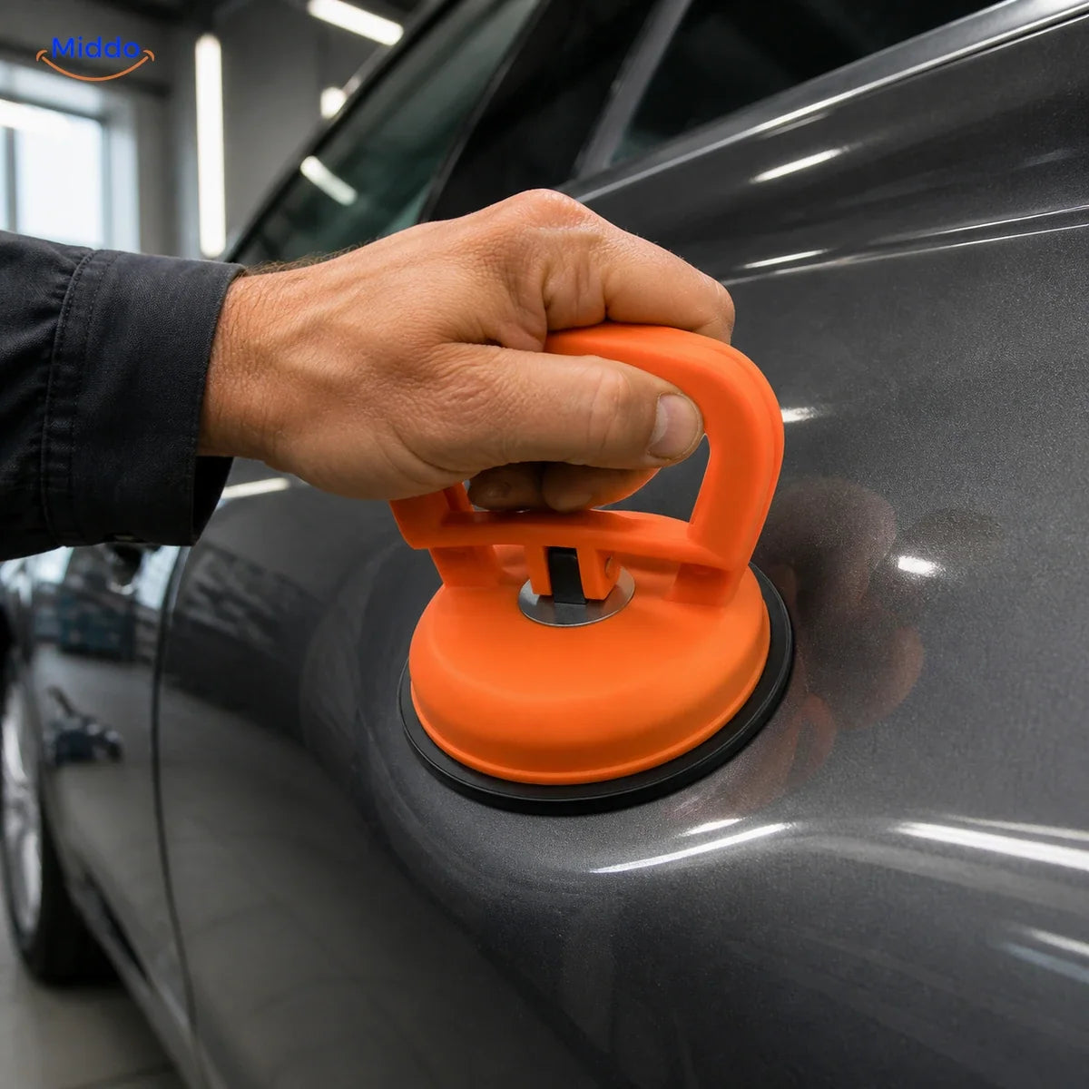 DentGrip ventouse à verrouillage: ventouse orange sur une portière de voiture.