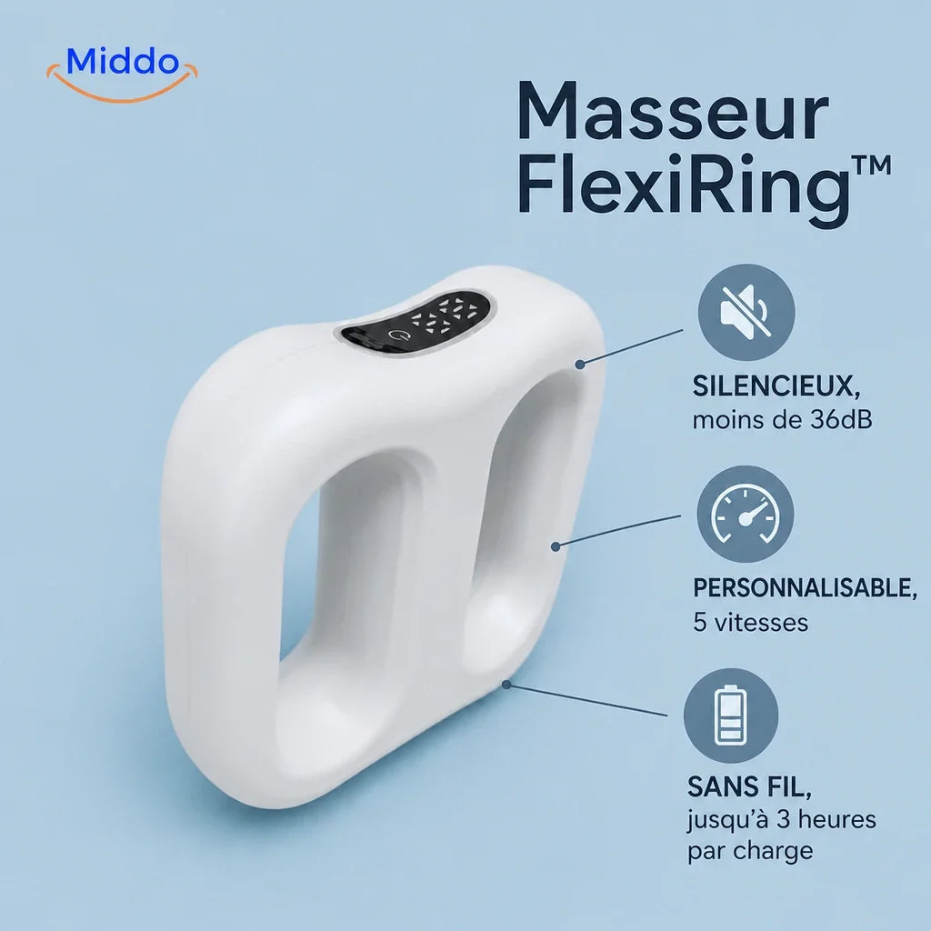 FlexiRing appareil de massage sans fil: modèle blanc avec écran et pictogrammes des fonctions.