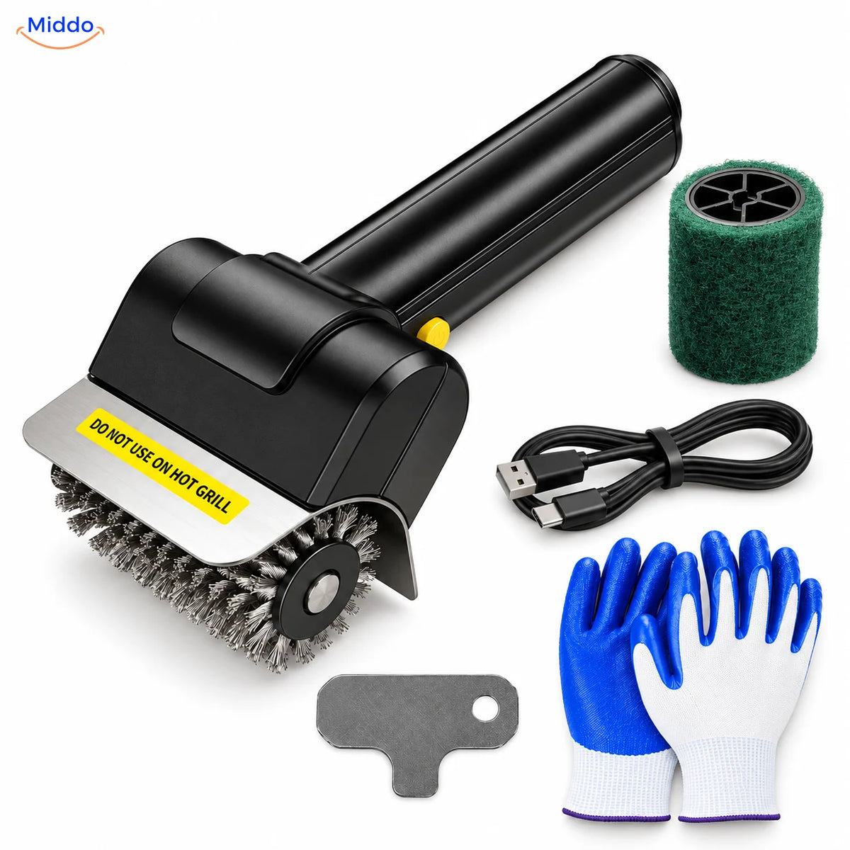GrillMaster brosse électrique pour barbecue: ensemble avec accessoire abrasif vert et câble de recharge.