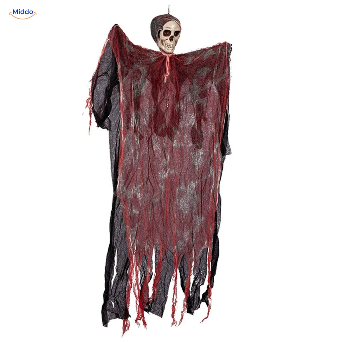 HauntCraft fantôme suspendu d’Halloween: grand modèle à motif sanglant rouge sur fond blanc.