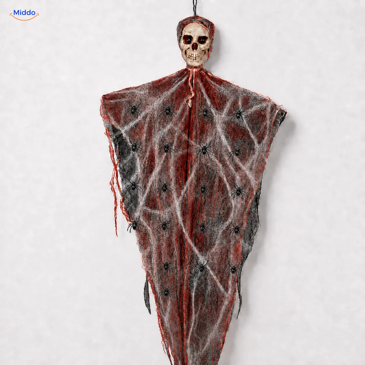 HauntCraft fantôme suspendu d’Halloween: modèle rouge avec crâne et bandes de gaze.