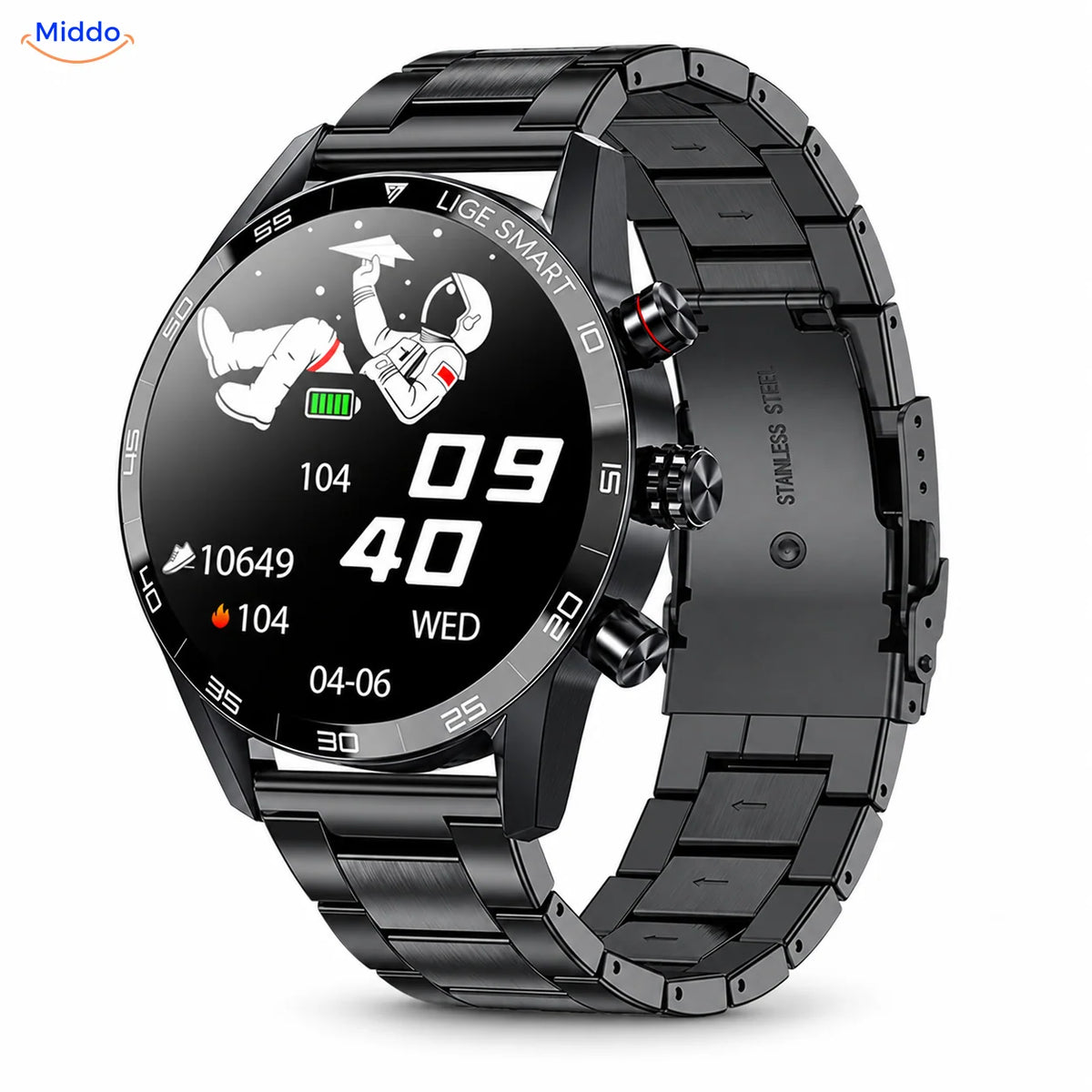 LIGE montre connectée: modèle noir avec bracelet à maillons en acier.