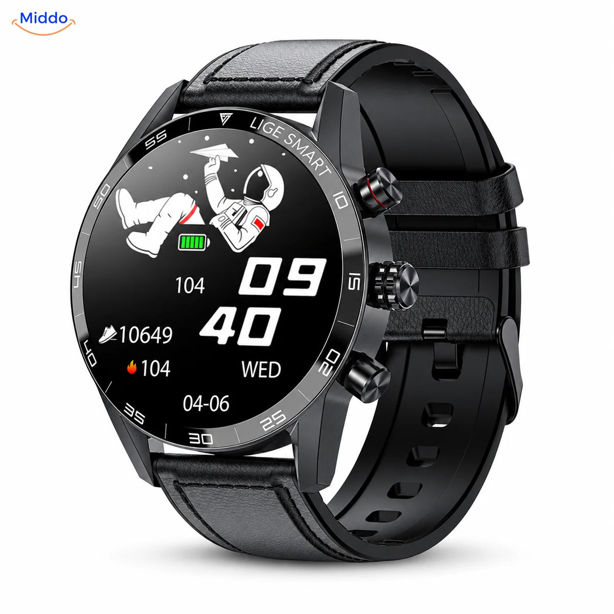 LIGE montre connectée: modèle noir avec bracelet en cuir.