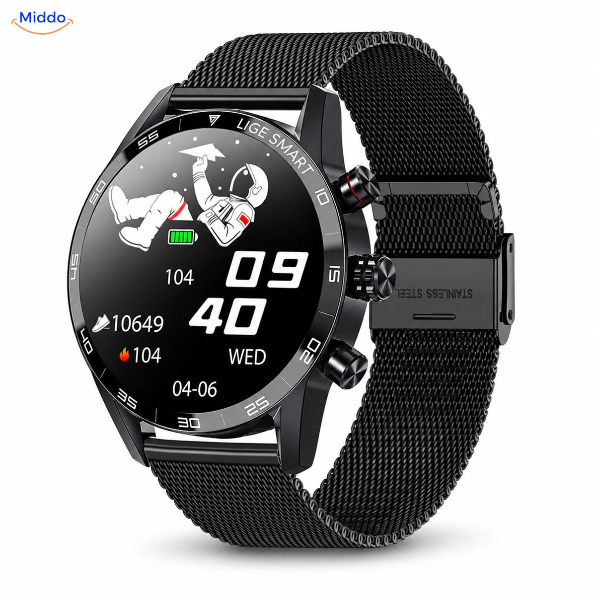 LIGE montre connectée: modèle noir avec bracelet métallique en maille.