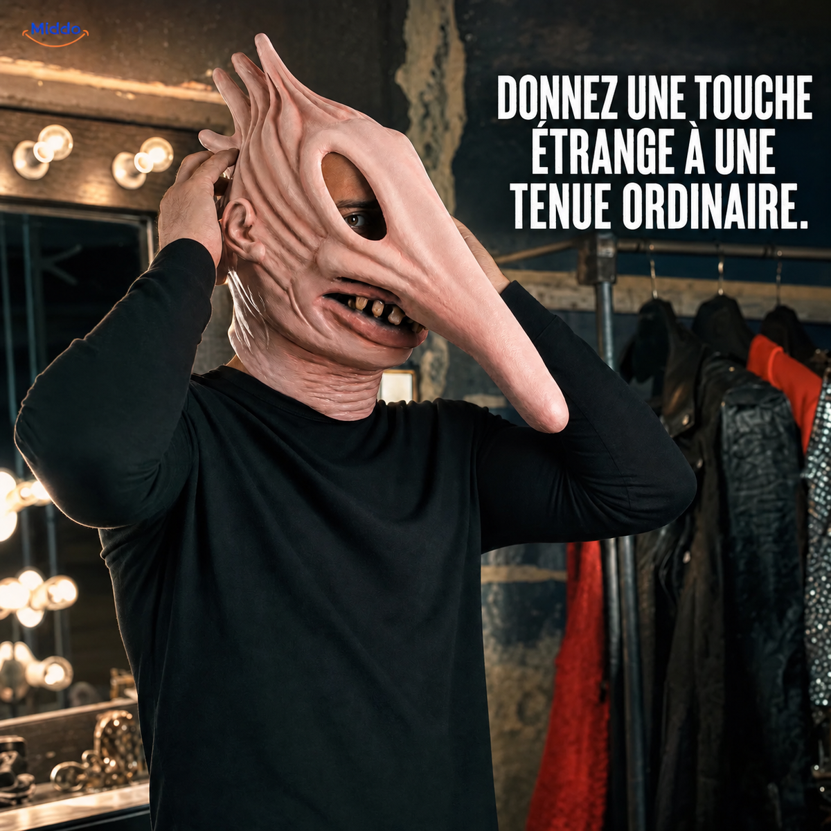 MaitlandMorph masque d’Halloween en latex: homme enfilant le masque à long nez.