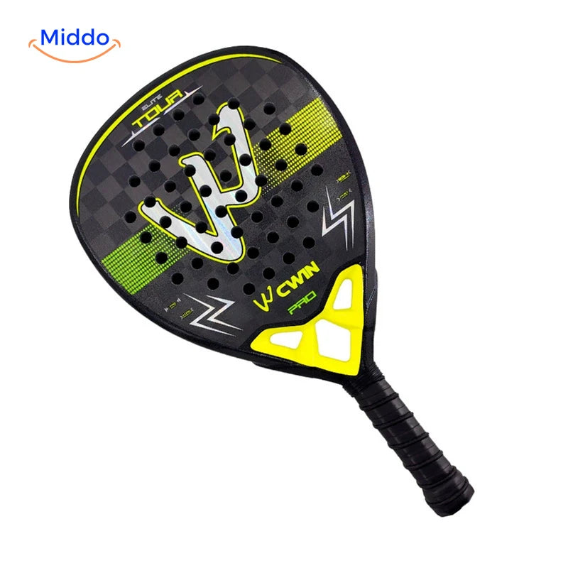 ProStrike raquette de padel: modèle noir aux accents jaunes vu en biais.